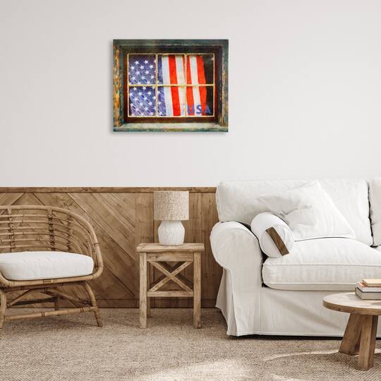 Stupell Industries Patriotic American Flag Rustic Window Festive Home Canvas Wall Art